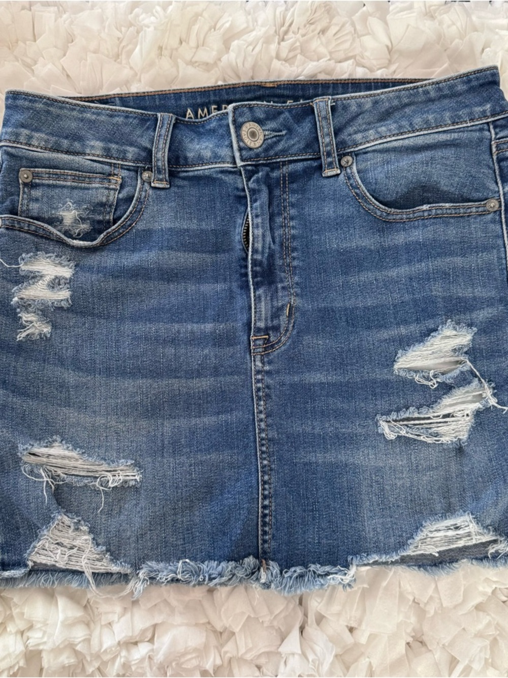 American Eagle Outfitters Distressed Medium Blue Denim Mini Skirt